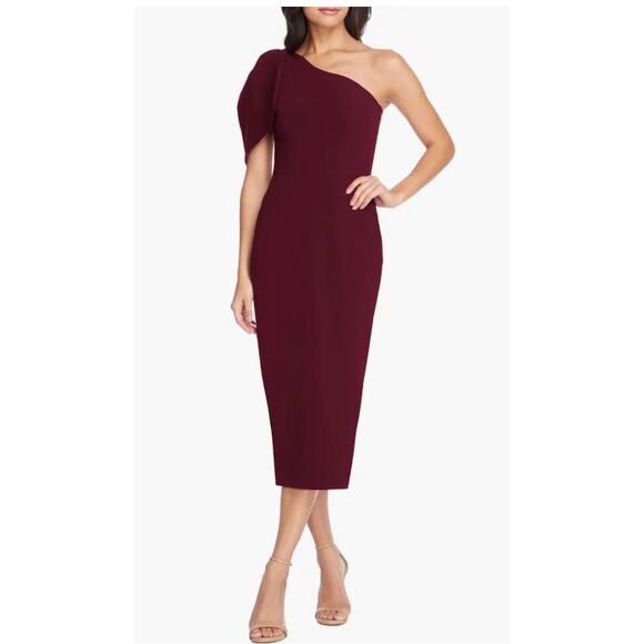 Dress the Population Tiffany One Shoulder Midi Dress Burgundy Size Large Bow - Picture 1 of 6